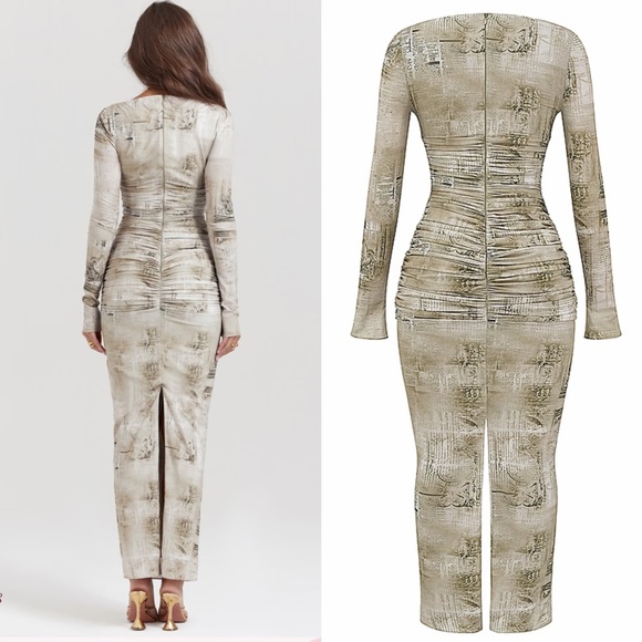 House of CB Lanetta ruched bateau neck long sleeve georgette maxi dress - Picture 5 of 14